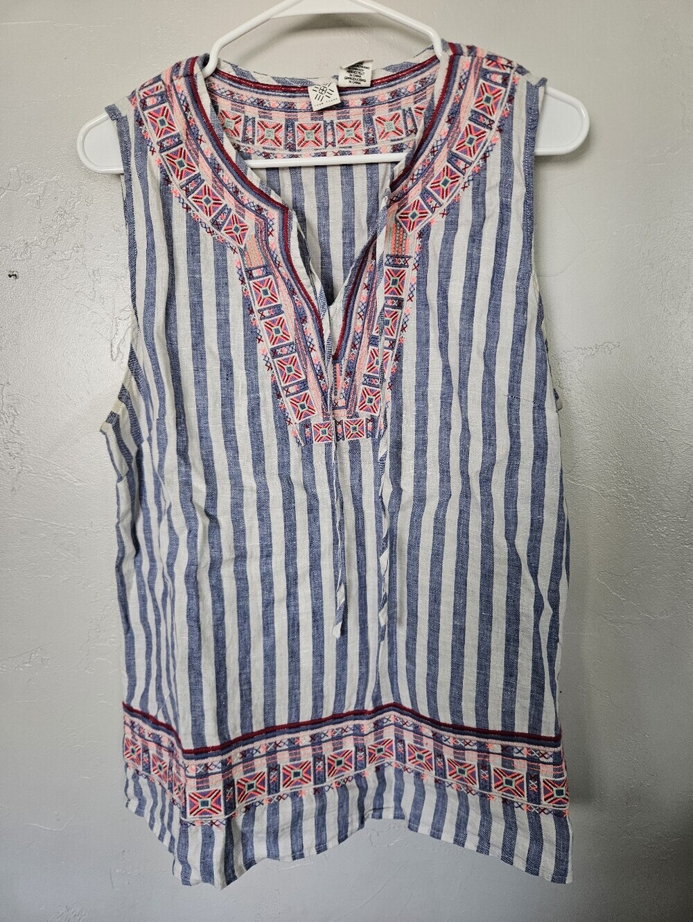 Artisan NY Large 100% Linen Sleeveless Striped Embroidered Tank Top Blue White